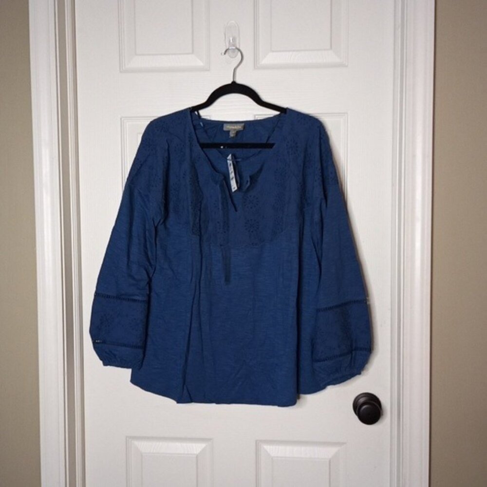New Style & Co Navy Tunic w/Eyelet Cut Out Lace Yolk & Blouson Sleeve Sz L